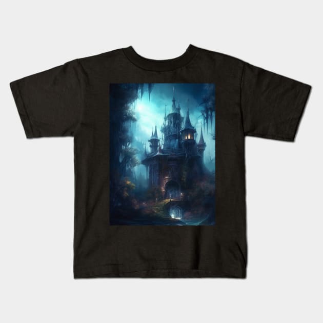 Gothic Futurism Castle in the Old Ancient Forest Kids T-Shirt by podartist